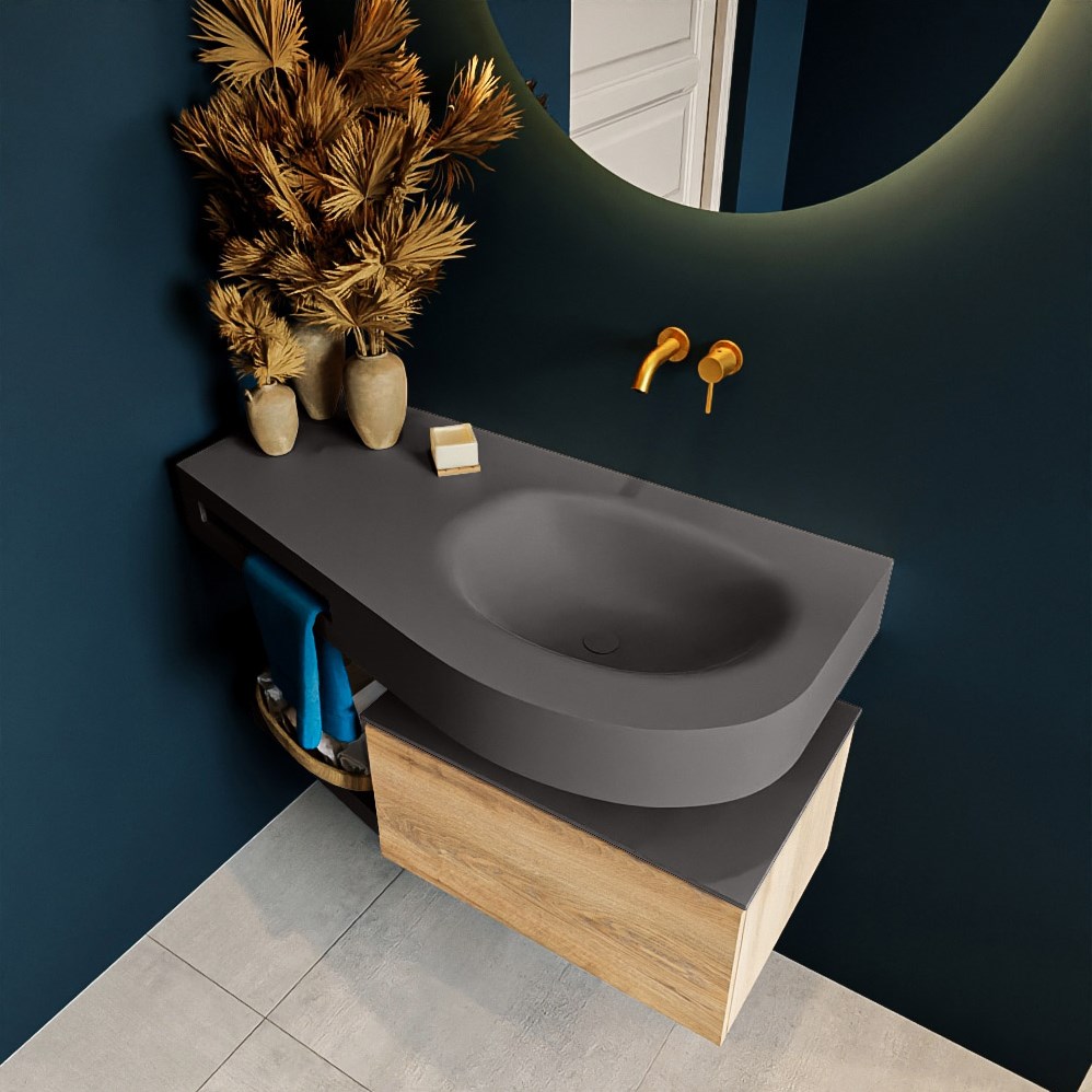 RIVA 100cm badmöbel / ablageregal color Washed Oak 1 schublade. Frei hängende waschtisch DULCET Rechts kein hahnloch, farbe Dark Grey
