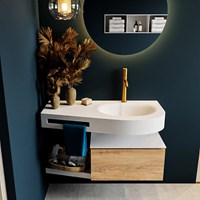 RIVA 100cm badmeubel onderkast / planchet kleur Washed Oak met 1 lade. Wastafel DULCET rechts 1 kraangat kleur Talc.-3