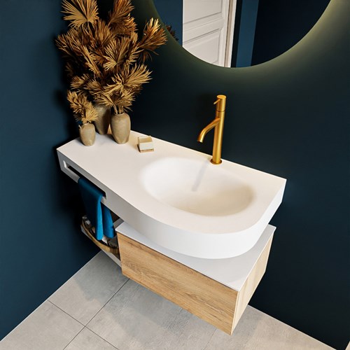 RIVA 100cm badmeubel onderkast / planchet kleur Washed Oak met 1 lade. Wastafel DULCET rechts 1 kraangat kleur Talc.-2