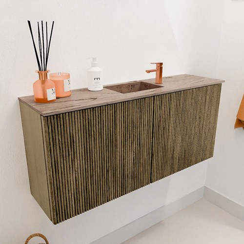 JOYA-DLUX 90cm mueble fondo reducido color Dusk. Lavabo FAYE posición Centro 1 orificio color Arena.-3