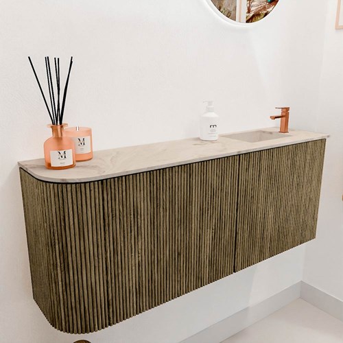 JOYA-DLUX 101,6cm mueble fondo reducido curva izquierda color Dusk. Lavabo FAYE posición Derecho 1 orificio color Frappe.-3