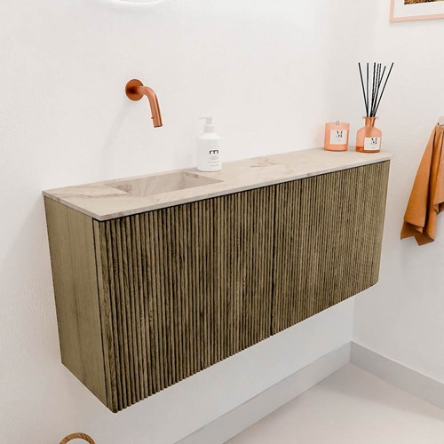 JOYA-DLUX 101,6cm mueble fondo reducido curva derecha color Dusk. Lavabo FAYE posición Izquierda sin orificio color Frappe.-3