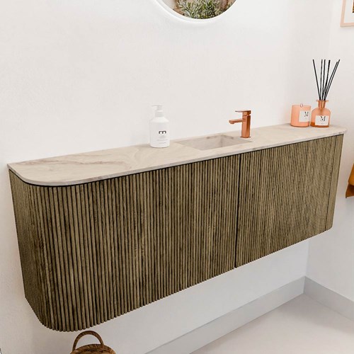 JOYA-DLUX 123,2cm mueble fondo reducido curva izquierda + derecha color Dusk. Lavabo FAYE posición Centro 1 orificio color Frappe.-3