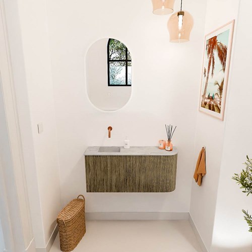 JOYA-DLUX 91,6cm mueble fondo reducido curva derecha color Dusk. Lavabo FAYE posición Izquierda sin orificio color Glace.-2
