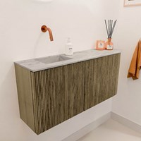 JOYA-DLUX 91,6cm mueble fondo reducido curva derecha color Dusk. Lavabo FAYE posición Izquierda sin orificio color Glace.-3