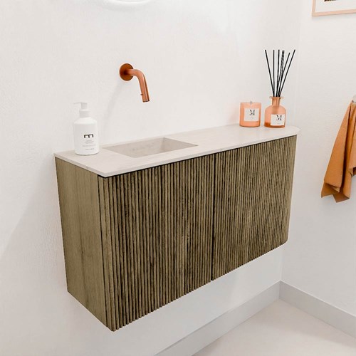 JOYA-DLUX 81,6cm mueble fondo reducido curva derecha color Dusk. Lavabo FAYE posición Izquierda sin orificio color Meli.-3