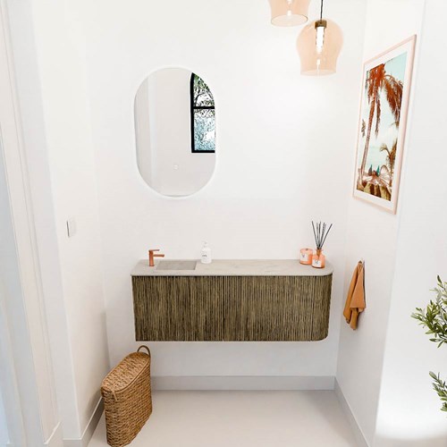 JOYA-DLUX 111,6cm mueble fondo reducido curva derecha color Dusk. Lavabo FAYE posición Izquierda 1 orificio color Opalo.-2
