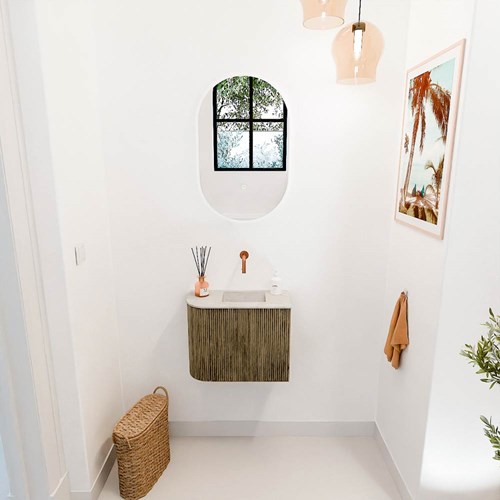 JOYA-DLUX 51,6cm mueble fondo reducido curva izquierda color Dusk. Lavabo FAYE posición Derecho sin orificio color Ostra.-2