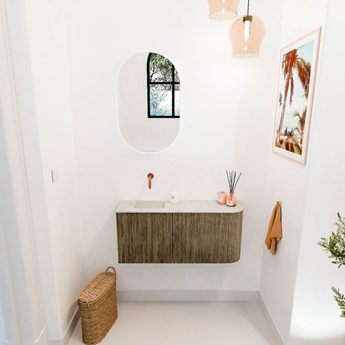 JOYA-DLUX 91,6cm meuble lave-main courbe droite couleur Dusk. Lavabo FAYE position Gauche sans trou pour robinet couleur Ostra.-2