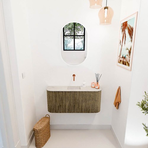 JOYA-DLUX 93,2cm mueble fondo reducido curva izquierda + derecha color Dusk. Lavabo FAYE posición Centro sin orificio color Ostra.-2