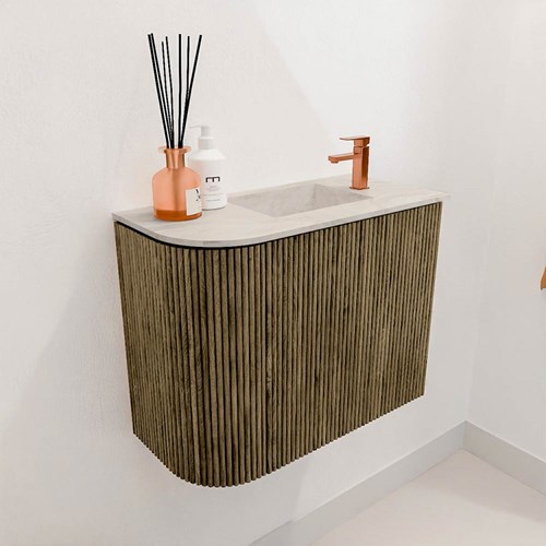 JOYA-DLUX 51,6cm mueble fondo reducido curva izquierda color Dusk. Lavabo FAYE posición Derecho 1 orificio color Ostra.-3