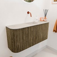 JOYA-DLUX 93,2cm mueble fondo reducido curva izquierda + derecha color Dusk. Lavabo FAYE posición Centro sin orificio color Ostra.-3