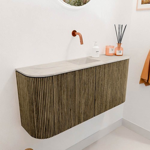 JOYA-DLUX 93,2cm mueble fondo reducido curva izquierda + derecha color Dusk. Lavabo FAYE posición Centro sin orificio color Ostra.-3