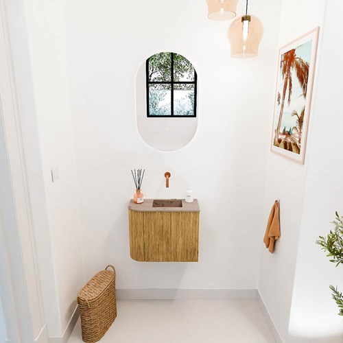 JOYA-DLUX 51,6cm mueble fondo reducido curva izquierda color Oak. Lavabo FAYE posición Derecho sin orificio color Arena.-2