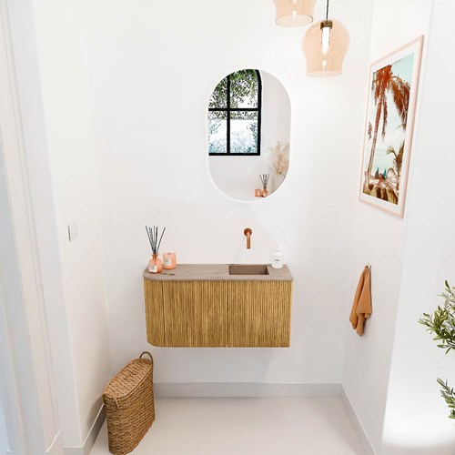 JOYA-DLUX 81,6cm mobile lavabo colore curva sinistra Oak. Lavabo FAYE posizione Destra senza foro per il rubinetto colore Arena.-2
