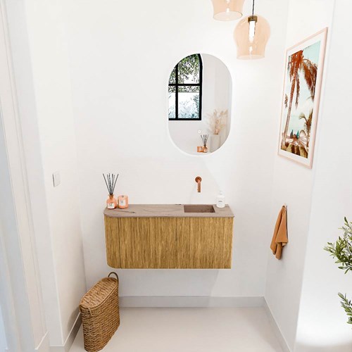 JOYA-DLUX 91,6cm mueble fondo reducido curva izquierda color Oak. Lavabo FAYE posición Derecho sin orificio color Arena.-2