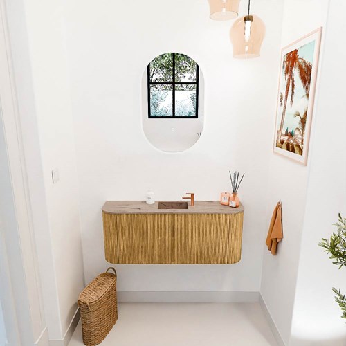 JOYA-DLUX 103,2cm mueble fondo reducido curva izquierda + derecha color Oak. Lavabo FAYE posición Centro 1 orificio color Arena.-2