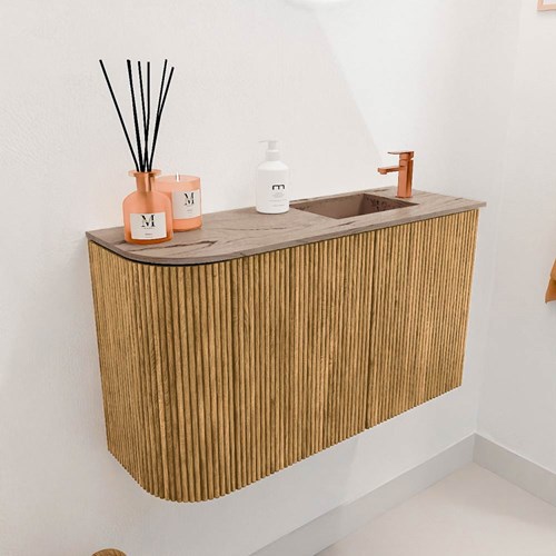 JOYA-DLUX 71,6cm cloakroom vanity set curve left color Oak. Vanity top FAYE position Right 1 tab hole color Arena.-3
