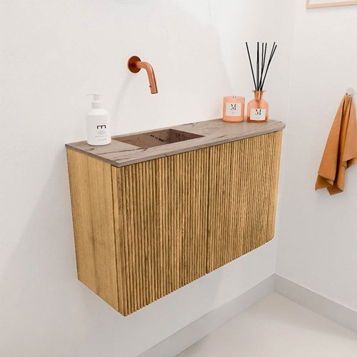 JOYA-DLUX 71,6cm mobile lavabo colore curva destra Oak. Lavabo FAYE posizione Sinistra senza foro per il rubinetto colore Arena.-3