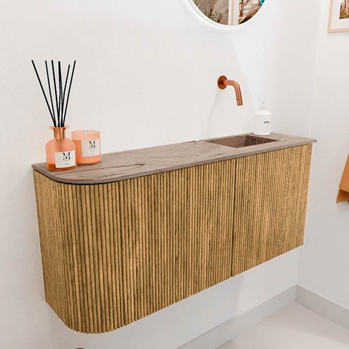 JOYA-DLUX 91,6cm mueble fondo reducido curva izquierda color Oak. Lavabo FAYE posición Derecho sin orificio color Arena.-3