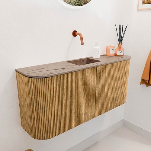 JOYA-DLUX 93,2cm mobile lavabo colore curva sinistra + destra Oak. Lavabo FAYE posizione Centro senza foro per il rubinetto colore Arena.-3