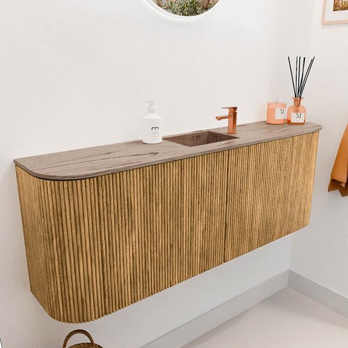 JOYA-DLUX 113,2cm cloakroom vanity set curve left + right color Oak. Vanity top FAYE position Center 1 tab hole color Arena.-3