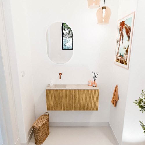 JOYA-DLUX 90cm toiletmeubel kleur Oak. Wastafel FAYE positie Links Zonder kraangat kleur Frappe.-2