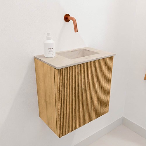 JOYA-DLUX 40cm toiletmeubel kleur Oak. Wastafel FAYE positie Rechts Zonder kraangat kleur Frappe.-3
