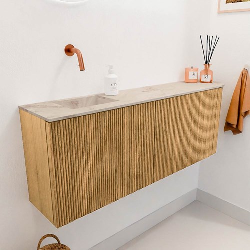 JOYA-DLUX 111,6cm mobile lavabo colore curva destra Oak. Lavabo FAYE posizione Sinistra senza foro per il rubinetto colore Frappe.-3
