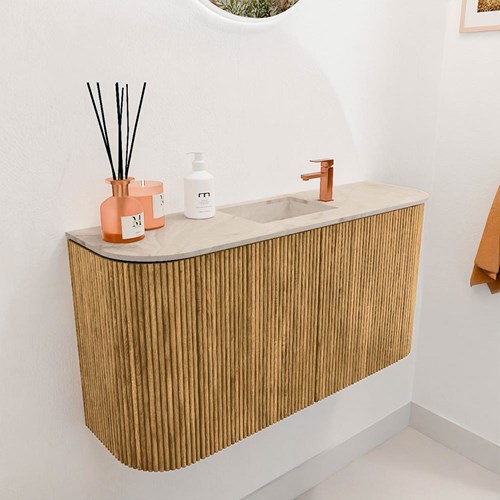 JOYA-DLUX 83,2cm mobile lavabo colore curva sinistra + destra Oak. Lavabo FAYE posizione Centro 1 foro per rubinetto colore Frappe.-3
