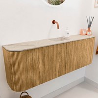 JOYA-DLUX 123,2cm meuble lave-main courbe gauche + droite couleur Oak. Lavabo FAYE position Centrée sans trou pour robinet couleur Frappe.-3