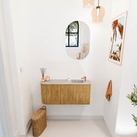 JOYA-DLUX 91,6cm mueble fondo reducido curva izquierda color Oak. Lavabo FAYE posición Derecho 1 orificio color Glace.-2