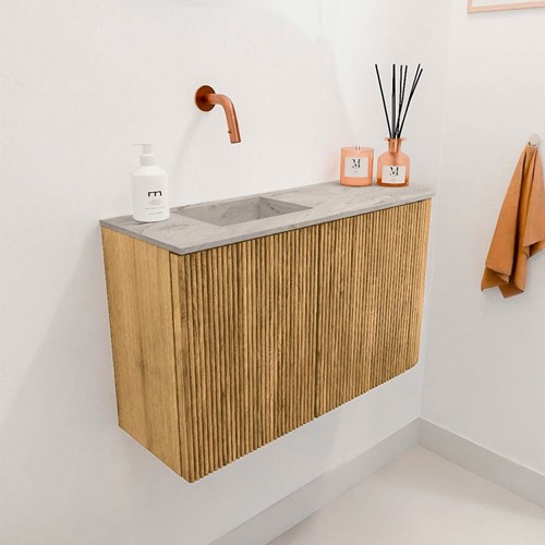 JOYA-DLUX 71,6cm toiletmeubel ronding rechts kleur Oak. Wastafel FAYE positie Links Zonder kraangat kleur Glace.-3