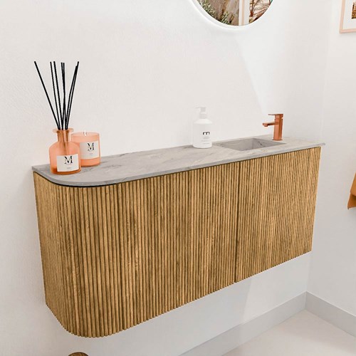 JOYA-DLUX 91,6cm mueble fondo reducido curva izquierda color Oak. Lavabo FAYE posición Derecho 1 orificio color Glace.-3
