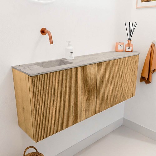 JOYA-DLUX 111,6cm mobile lavabo colore curva destra Oak. Lavabo FAYE posizione Sinistra senza foro per il rubinetto colore Glace.-3