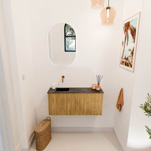 JOYA-DLUX 90cm mueble fondo reducido color Oak. Lavabo FAYE posición Izquierda sin orificio color Lava.-2