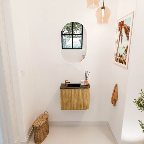 JOYA-DLUX 51,6cm toiletmeubel ronding rechts kleur Oak. Wastafel FAYE positie Links 1 kraangat kleur Lava.-2