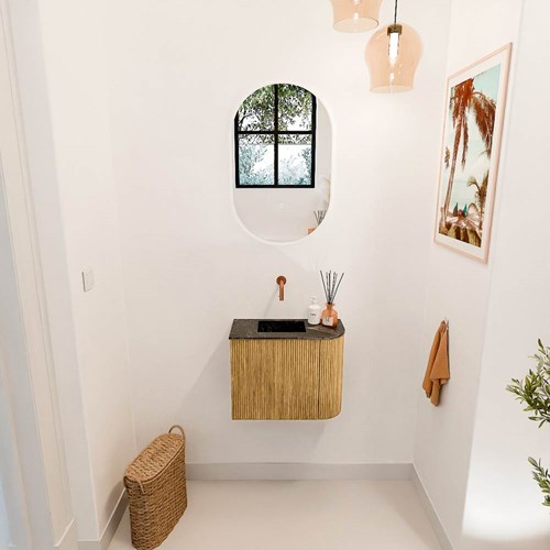 JOYA-DLUX 51,6cm toiletmeubel ronding rechts kleur Oak. Wastafel FAYE positie Links Zonder kraangat kleur Lava.-2
