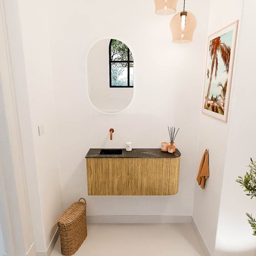 JOYA-DLUX 91,6cm toiletmeubel ronding rechts kleur Oak. Wastafel FAYE positie Links Zonder kraangat kleur Lava.-2