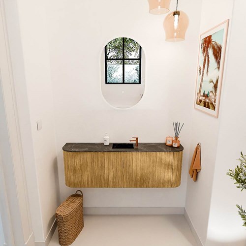 JOYA-DLUX 123,2cm toiletmeubel ronding links + rechts kleur Oak. Wastafel FAYE positie Midden 1 kraangat kleur Lava.-2