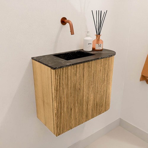 JOYA-DLUX 51,6cm toiletmeubel ronding rechts kleur Oak. Wastafel FAYE positie Links Zonder kraangat kleur Lava.-3