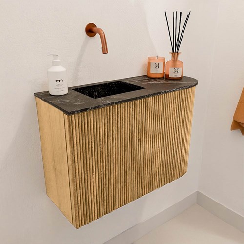 JOYA-DLUX 61,6cm cloakroom vanity set curve right color Oak. Vanity top FAYE position Left without tab hole color Lava.-3