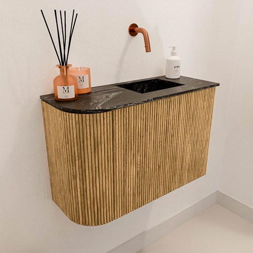 JOYA-DLUX 61,6cm cloakroom vanity set curve left color Oak. Vanity top FAYE position Right without tab hole color Lava.-3