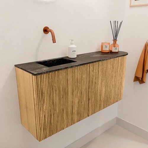 JOYA-DLUX 91,6cm toiletmeubel ronding rechts kleur Oak. Wastafel FAYE positie Links Zonder kraangat kleur Lava.-3