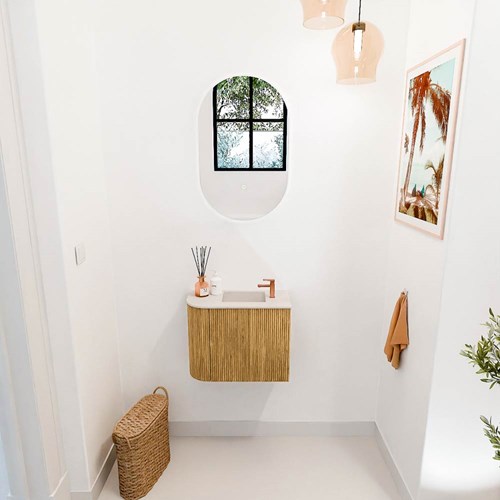 JOYA-DLUX 51,6cm toiletmeubel ronding links kleur Oak. Wastafel FAYE positie Rechts 1 kraangat kleur Meli.-2