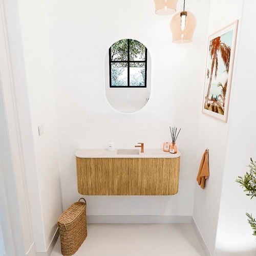 JOYA-DLUX 103,2cm mueble fondo reducido curva izquierda + derecha color Oak. Lavabo FAYE posición Centro 1 orificio color Meli.-2