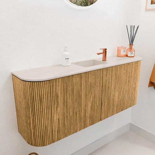 JOYA-DLUX 103,2cm mueble fondo reducido curva izquierda + derecha color Oak. Lavabo FAYE posición Centro 1 orificio color Meli.-3