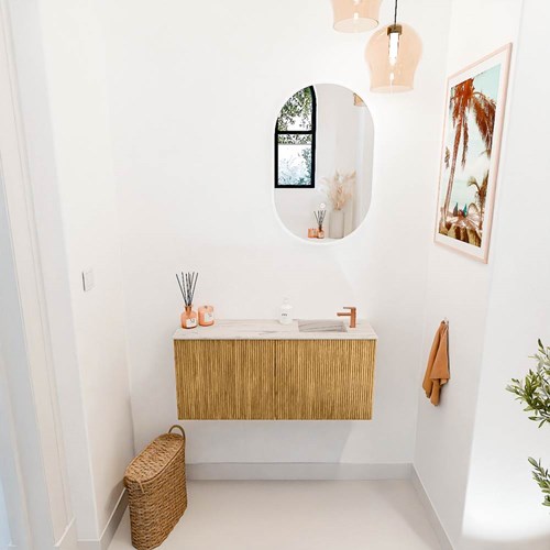 JOYA-DLUX 90cm mobile lavabo colore Oak. Lavabo FAYE posizione Destra 1 foro per rubinetto colore Nata.-2