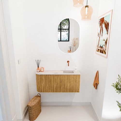 JOYA-DLUX 91,6cm toiletmeubel ronding links kleur Oak. Wastafel FAYE positie Rechts Zonder kraangat kleur Nata.-2