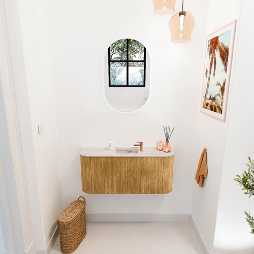 JOYA-DLUX 93,2cm mueble fondo reducido curva izquierda + derecha color Oak. Lavabo FAYE posición Centro 1 orificio color Nata.-2